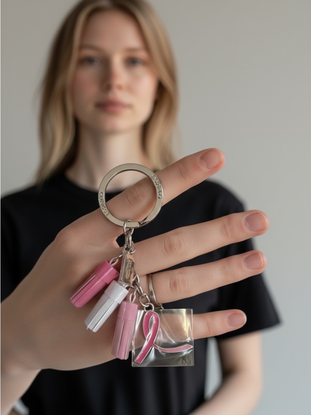 9/3 Clinique Silver Keyring with Pink Ribbon Charm and Pink Tassels